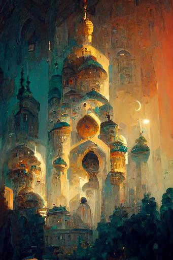 magic the gathering :: constantinople :: oriental garden :: white and blue arabic palace :: large city :: shining bubbles on the buildings :: dusk mood :: roman arena :: byzantine :: bazarre :: arabian nights :: magical :: babylonian statues :: alchemist structures --ar 21:30