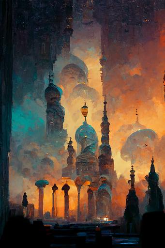 magic the gathering :: constantinople :: oriental garden :: white and blue arabic palace :: large city :: shining bubbles on the buildings :: dusk mood :: roman arena :: byzantine :: bazarre :: arabian nights :: magical :: babylonian statues :: alchemist structures --ar 21:30