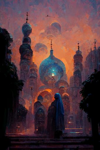 magic the gathering :: constantinople :: oriental garden :: white and blue arabic palace :: large city :: shining bubbles on the buildings :: dusk mood :: roman arena :: byzantine :: bazarre :: arabian nights :: magical :: babylonian statues :: alchemist structures --ar 21:30