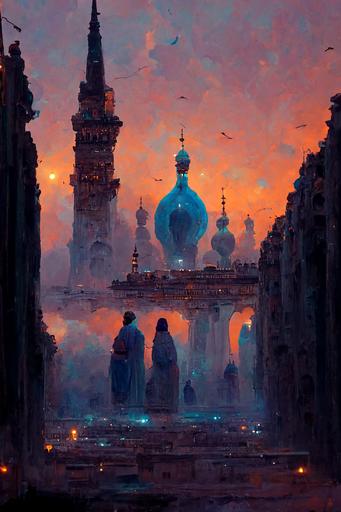 magic the gathering :: constantinople :: oriental garden :: white and blue arabic palace :: large city :: shining bubbles on the buildings :: dusk mood :: roman arena :: byzantine :: bazarre :: arabian nights :: magical :: babylonian statues :: alchemist structures --ar 21:30