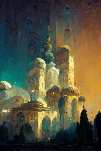 magic the gathering :: constantinople :: oriental garden :: white and blue arabic palace :: large city :: shining bubbles on the buildings :: dusk mood :: roman arena :: byzantine :: bazarre :: arabian nights :: magical :: babylonian statues :: alchemist structures --ar 21:30