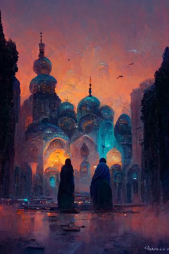 magic the gathering :: constantinople :: oriental garden :: white and blue arabic palace :: large city :: shining bubbles on the buildings :: dusk mood :: roman arena :: byzantine :: bazarre :: arabian nights :: magical :: babylonian statues :: alchemist structures --ar 21:30