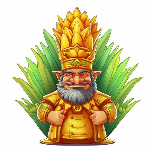 animated 2d cartoon of a corn king with their corn subdits. white background. logo style.