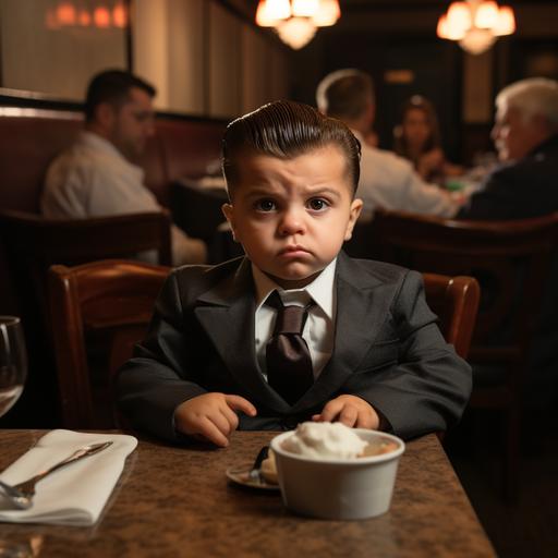 Recreate the specific scene using actual still shots from the movie Goodfellas with several baby mafia characters based on characters from the movie ultra realistic, image of a baby version of the Joe Pesce character from the movie Goodfellas, the scene in the restaurant where he says, I'm funny?, Funny How? This The baby Joe Pesce charcter is seated in his mafia style suit and tie, Photorealistic.