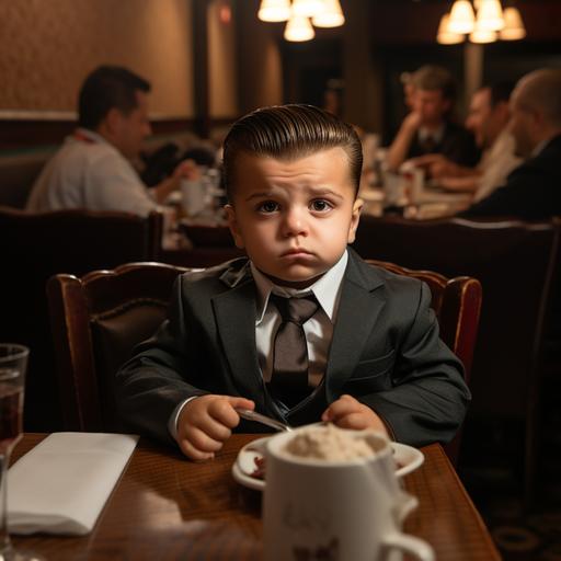 Recreate the specific scene using actual still shots from the movie Goodfellas with several baby mafia characters based on characters from the movie ultra realistic, image of a baby version of the Joe Pesce character from the movie Goodfellas, the scene in the restaurant where he says, I'm funny?, Funny How? This The baby Joe Pesce charcter is seated in his mafia style suit and tie, Photorealistic.