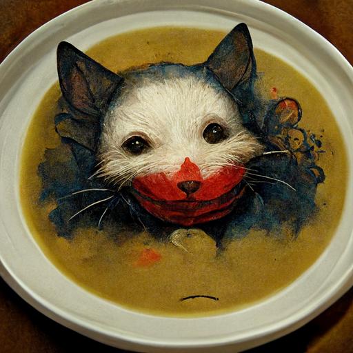 renaissance cat painting a sad rat clown eating soup