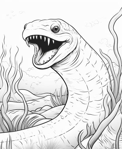 coloring page for kids, moray eel, cartoon style, thick lines, low detail, no shading --ar 9:11