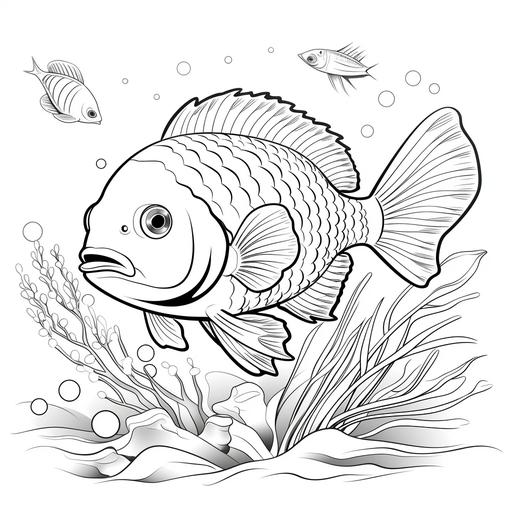 coloring page for kids, saltwater fish and coral, cartoon style, thick lines, low detail, no shading