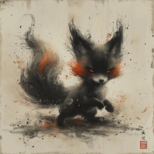 Burn with black powder, Kitsune with many tail, photonegative refractograph, animee drawing --v 6.0 --s 600 --c 20