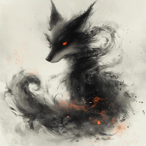 Burn with black powder, Kitsune with many tail, photonegative refractograph, animee drawing --v 6.0 --s 600 --c 20
