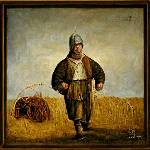 bulky fourteenth century peasant dressed in brown leather with a hay fork hyperrealistic painting, standing strong
