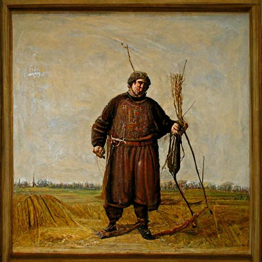 bulky fourteenth century peasant dressed in brown leather with a hay fork hyperrealistic painting, standing strong