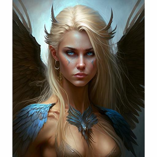 female angel in, blonde, blue eyes, beautiful face, thin, large feathered wing, body tattoos, ray sword