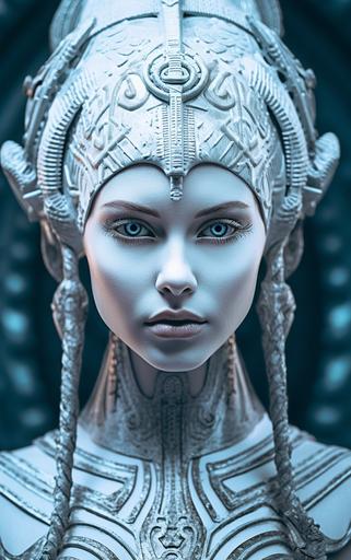 Bust portrait of a naturally beautiful young alien women dressed in the fashion of Fremen with Fremkit in the style of Dune the desert planet, amazing stunning blue eyes, symmetrical fluorescent light blue and silver ornate facial painting, intricate details, perfect anatomy, precise features, desert storm background, black and white color grading, award-winning photography, studio lighting, cinematic, 8k --ar 5:8