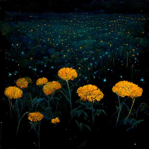 a field of marigolds swaying under a night sky of bioluminescent stars and jellyfish