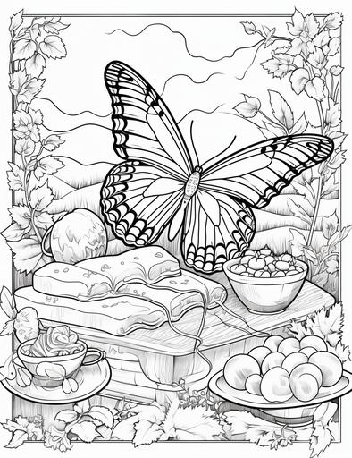 Butterfly and flower around a picnic blanket, cartoon style for kids coloring page , black outline, white fill , low detail , --ar 85:110