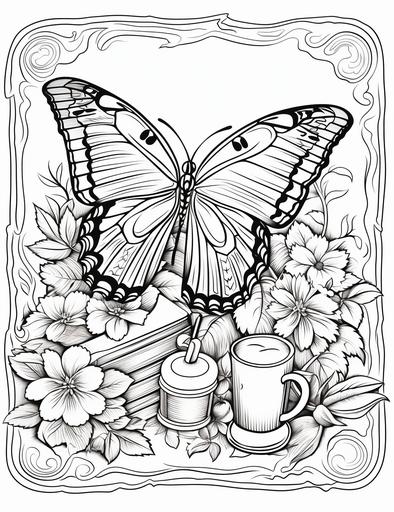 Butterfly and flower around a picnic blanket, cartoon style for kids coloring page , black outline, white fill , low detail , --ar 85:110