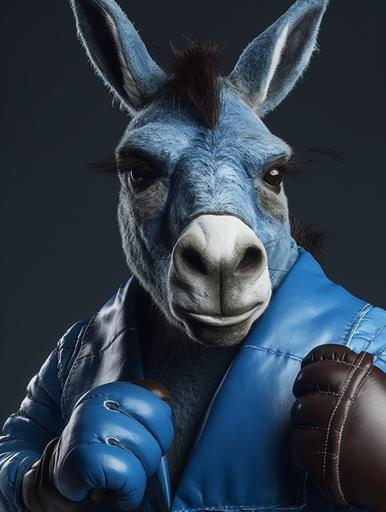 hyper realistic detail for donkey dressed as a boxer in blue, round boxing gloves, closeup --ar 3:4