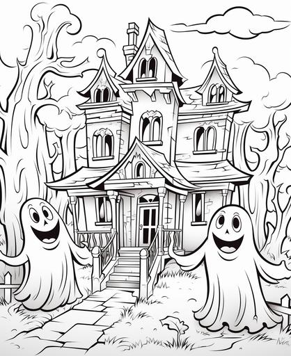 B/w outline art for kids coloring book page, friendly ghosts in mansion, halloween, cartoon style, sketch style,outline only, thick lines, low detail, no shading --ar 9:11