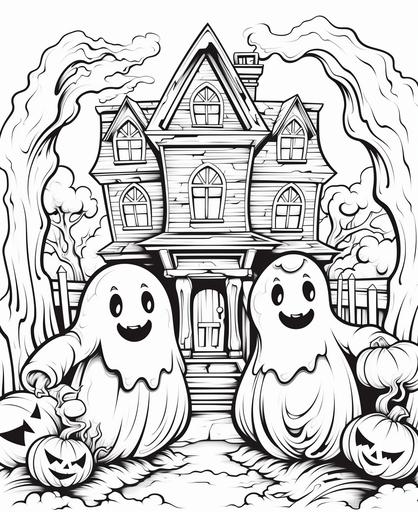 B/w outline art for kids coloring book page, friendly ghosts in mansion, halloween, cartoon style, sketch style,outline only, thick lines, low detail, no shading --ar 9:11