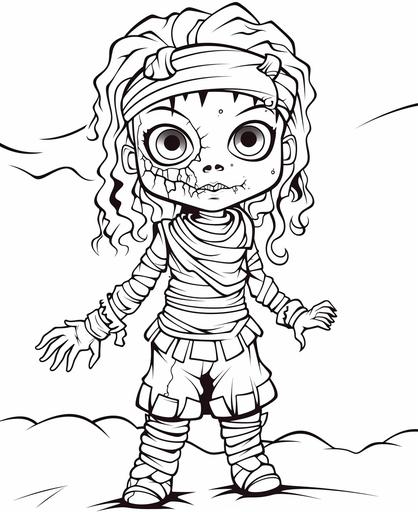 B/w outline art for kids coloring book page, girl in halloween zombie mummy costume, cartoon style, sketch style,outline only, thick lines, low detail, no shading --ar 9:11