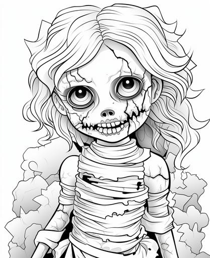 B/w outline art for kids coloring book page, girl in halloween zombie mummy costume, cartoon style, sketch style,outline only, thick lines, low detail, no shading --ar 9:11