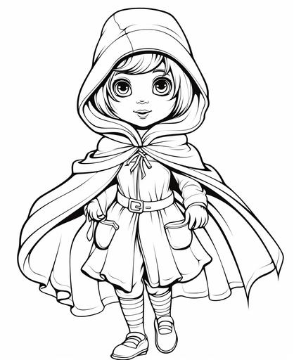 B/w outline art for kids coloring book page,girl in little red hiding hood costume, halloween, cartoon style, sketch style, outline only, thick lines, low detail, no shading --ar 9:11