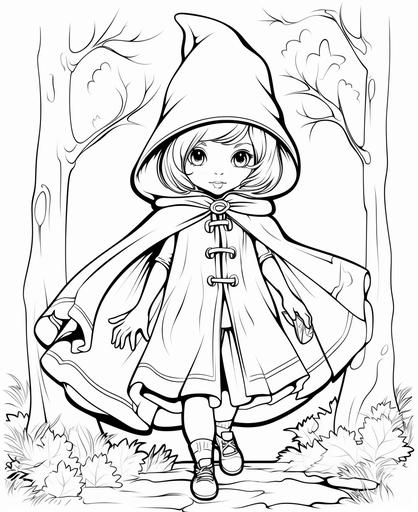 B/w outline art for kids coloring book page,girl in little red hiding hood costume, halloween, cartoon style, sketch style, outline only, thick lines, low detail, no shading --ar 9:11