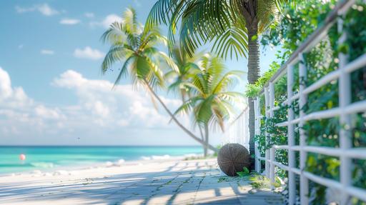 By the beach, White Ladder, Outdoor, Coconut tree, Railing, Green space, Street, Bright scene, Clean and simple, Sports products, Natural light, Global light, White, Product modeling, Render, real, Super realistic, High detail, 3d, blender, from side, UHD, high details, best quality, 16k --aspect 16:9