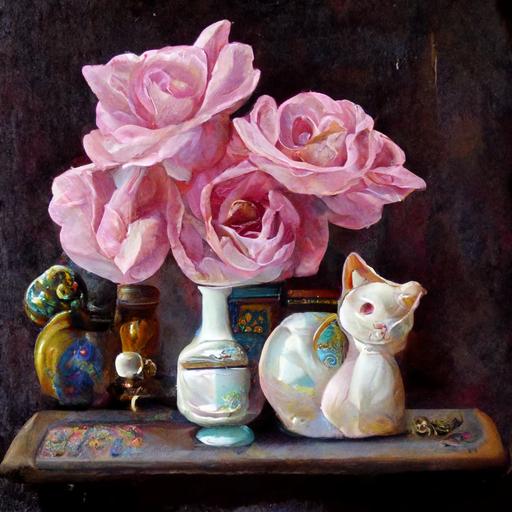 An oil painting of still life, close up pink roses, next to sunny window, porcelain cat figurines, antique table, realistic,