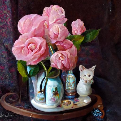 An oil painting of still life, close up pink roses, next to sunny window, porcelain cat figurines, antique table, realistic,