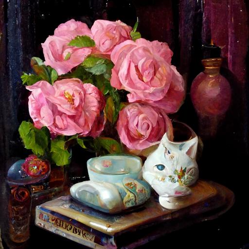 An oil painting of still life, close up pink roses, next to sunny window, porcelain cat figurines, antique table, realistic,