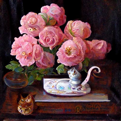 An oil painting of still life, close up pink roses, next to sunny window, porcelain cat figurines, antique table, realistic,