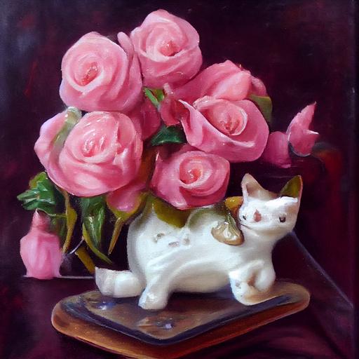 An oil painting of still life, close up pink roses, porcelain cat figurines, antique table, realistic,