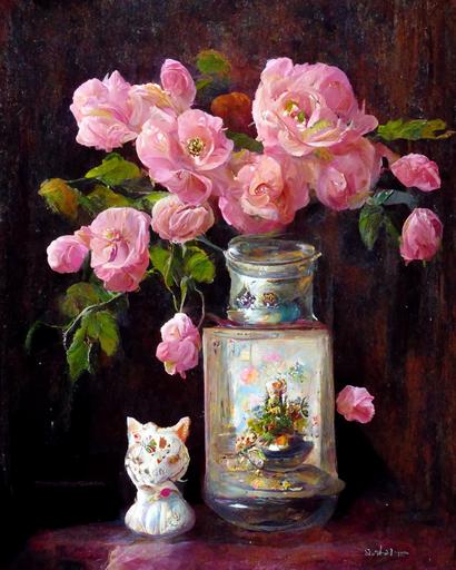 An oil painting of still life, close up pink roses, porcelain cat figurines, sunny window, antique table, realistic, --ar 4:5