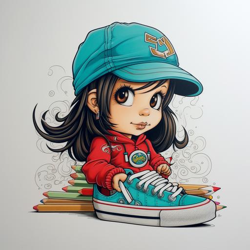 baby girl into a vans shoe cartoon style thick lines low detail