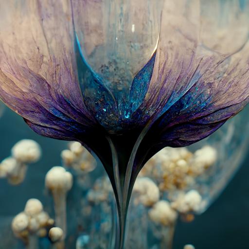 close up violet and blue flowers, glass vase, unreal engine, --s 20000 --upbeta