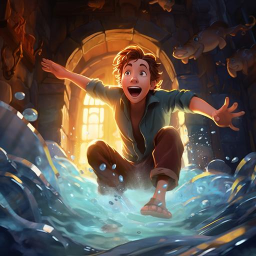 Disney style illustration. Warm light. Imagine Arquimedes in a rustic bathtub, water splashing around as he excitedly makes his discovery. His face is lit up with the thrill of understanding. He is in the act of leaping out of the tub, one foot in the water, the other swinging over the edge. Water droplets scatter in the air, symbolizing the movement of water he just understood. In the background, through an open window or door, you can catch a glimpse of the city, symbolizing his impending run through it. His mouth is open, as if he's already shouting 