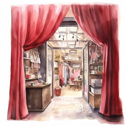 a thick burgundy curtain open, through which a shop can be seen. Watercolor illustration style