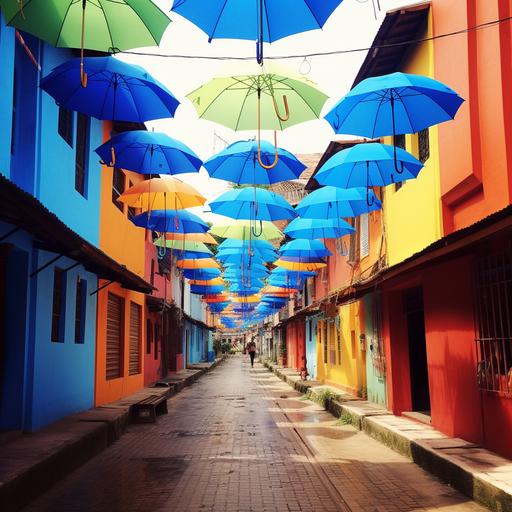 CALLE Ecuador, las coloridas y pintorescas CON sombrillas AZULES en el histórico distrito cerca de la ciudad amurallada, Ciudad Amurallada