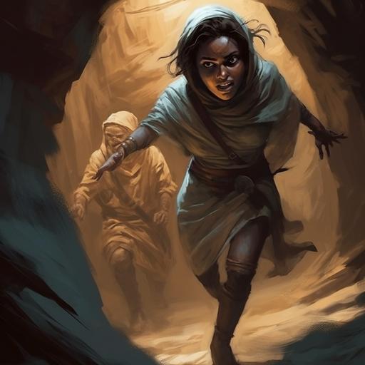 an explorer woman in a dusty cave running away from a scary egyptian mummy behind her