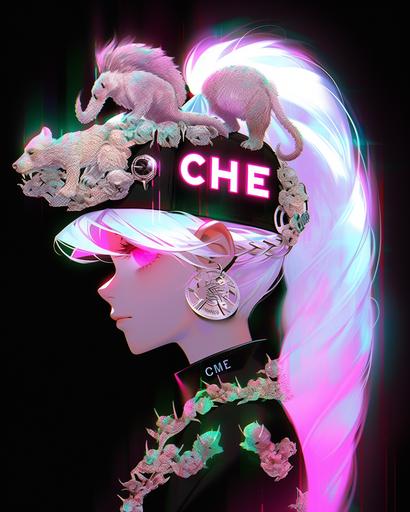 CC chanel logo mesmerizing ratatoskr squirrels haute couture headpiece headgear hairstyle, black light neon, vaporwave, synthcore, anaglyph --ar 4:5 --niji 5