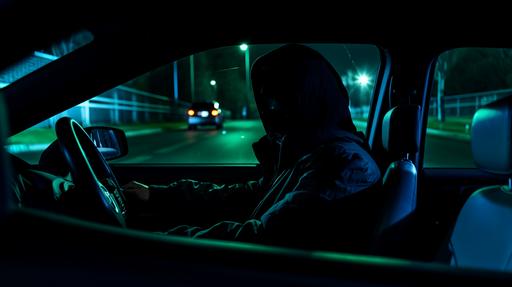 CCTV images. A hooded man sits in the front passenger seat of a black sedan. The car is driving through a tunnel illuminated by lights. The black body of the car is very shiny and reflects the light from the lights. There's a faint green glow. Some puddles on the ground reflect the man's face, 