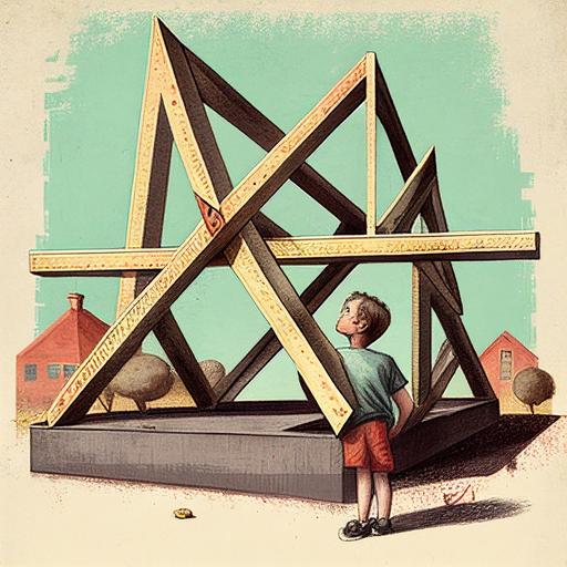 CHILDREN'S ILLUSTRATIONS, X is for X-shaped bracing: A type of support used to strengthen the frame of a building.