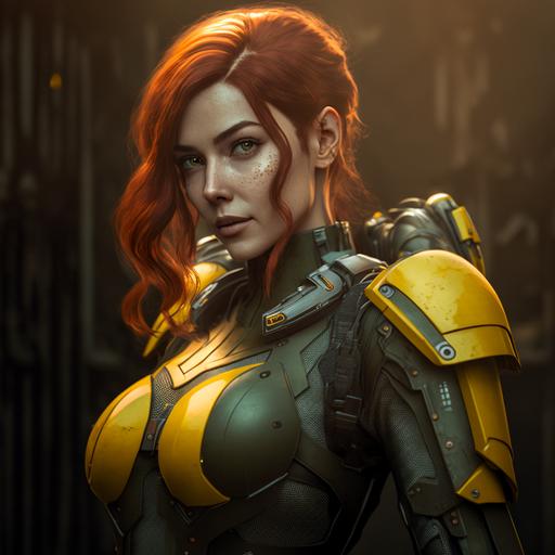 Female Belica , short dyed auburn hair, dirty yellow sci fi armor, military pose, full body, sci fi background   ultradetailed   cinematic   photorealistic   ultra high resolution, cinematic lighting, Unreal Engine 5, Cinematic, Color Grading, Super-Resolution, Megapixel, ProPhoto RGB, epic, Backlight, Natural Lighting, Incandescent, Optical Fiber, Moody Lighting, Cinematic Lighting, Studio Lighting, Soft Lighting, Volumetric, dark Lighting, Accent Lighting, Global Illumination, Screen Space Global Illumination, Ray Tracing Global Illumination, Red Rim light, cool color grading 45%, Optics, Scattering, Diffraction Grading, Chromatic Aberration, Ambient Occlusion, Anti-Aliasing, FKAA, TXAA, RTX, SSAO, Shaders, OpenGL-Shaders, GLSL-Shaders, Post Processing, Post-Production, Tone Mapping, CGI, VFX, dynamic pose, centered, 8k   hdr   hr