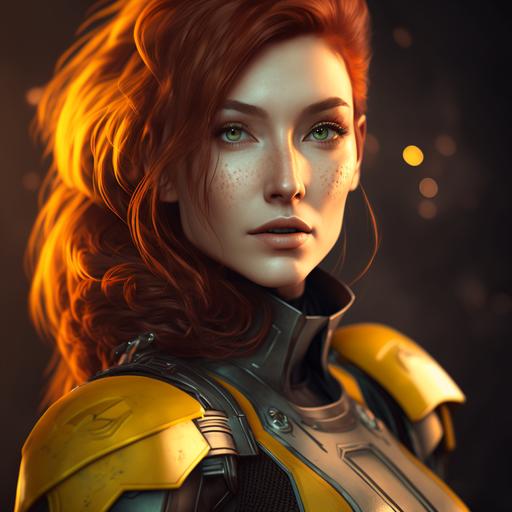 female belica, auburn hair, photorealistic, dynamic pose, sci fi, yellow, no text, sci fi background, unreal 5, ultra realistic