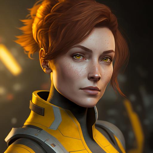 female belica, short auburn hair, photorealistic, dynamic pose, sci fi, yellow, no text, sci fi background, unreal 5, ultra realistic, 8k, cinematic lighting