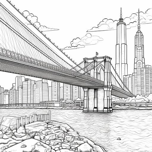 COLORING PAGE FOR ADULTS, BROOKLYN BRIDGE CARTOON STYLE, NO SHADING, LOW DETAIL, BLACK AND WHITE