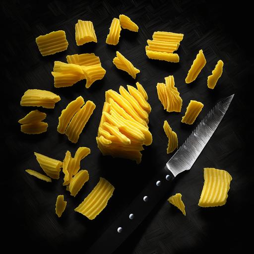 CRINKLE CUT FRENCH FRIES potatoes cut with a shaped knife, black background