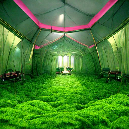 CYBERPUNK TENT INTERIOR OF SHEER CURTAINS WITH METAL GOLD FRINGE AS A DIVIDING WALL THAT VIEWS A SURREAL BRIGHT GREEN GRASS MEADOW THROUGH A LARGE ARCHED OPENING IN THE INTERIOR SYMMETRICAL ARCHITECTURE, ZEN GARDEN OF BRIGHT GREEN MOSS, LARGE PINK AND BLACK FLUFFY CHAIRS AND WHITE DOVES FLY THROUGH THE ROOM , GREEN TOPIARY, HYPER REALISM, 3D RENDER, SUPER RESOLUTION